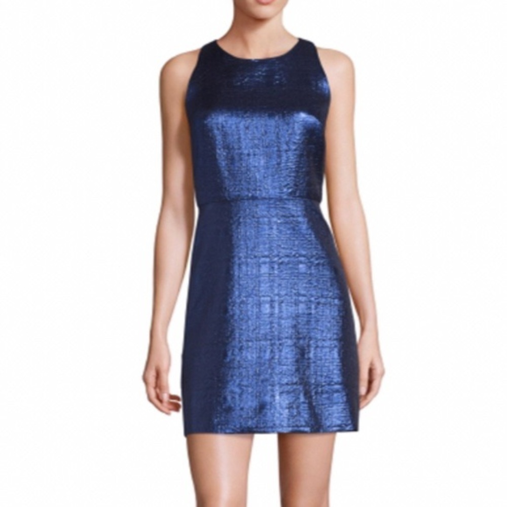MILLY Modern Wool Solid Blue Metallic Lines Sheath Dress